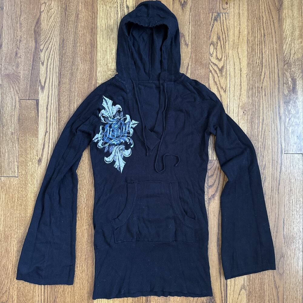 Sinful Affliction pullover sweater Knit Hoodie Black Cross Vintage y2k Top Sz S